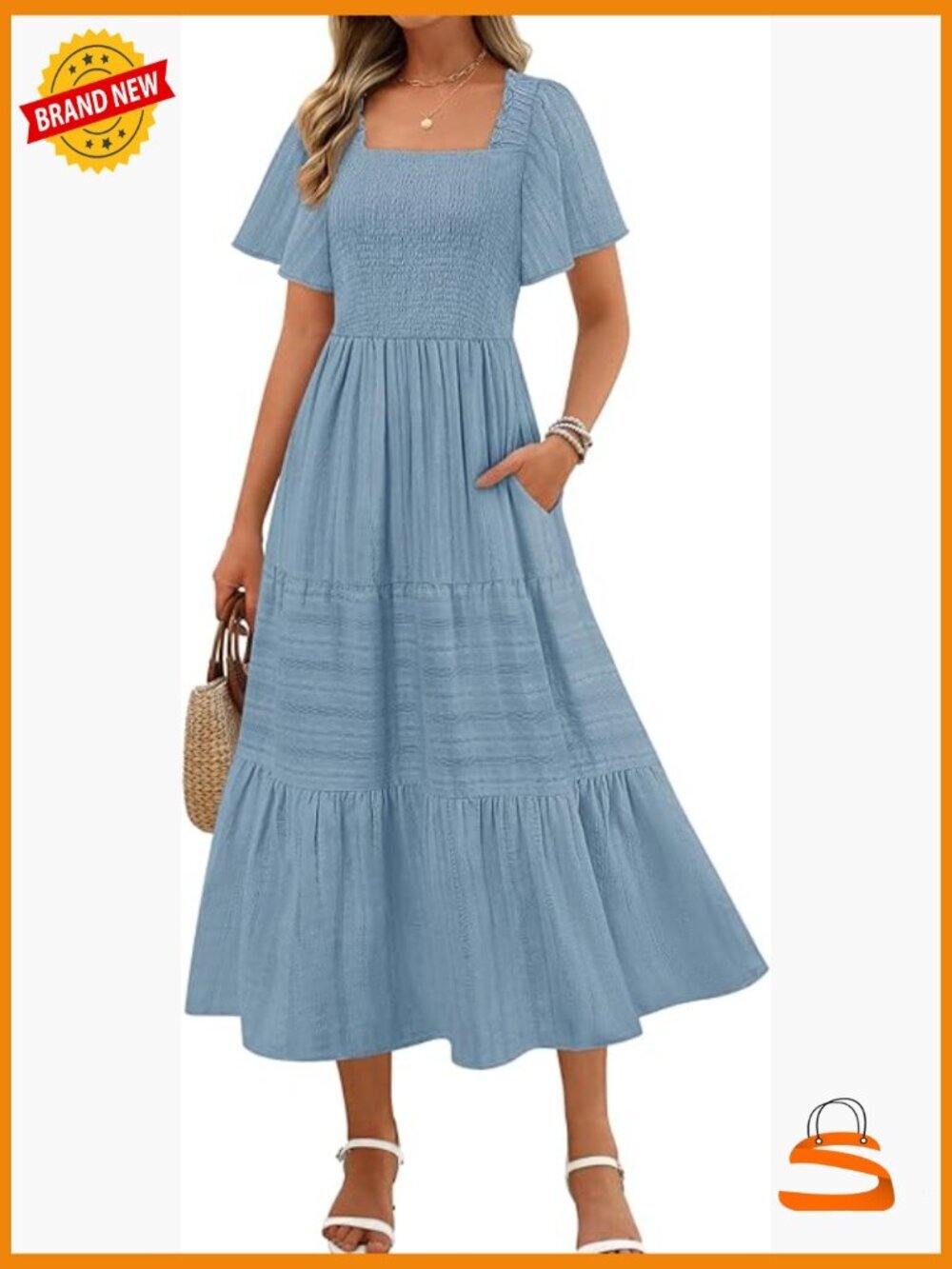 Flowy Midi Dress with Pockets Square Neck Smocked Tiered Ruffle Boho
